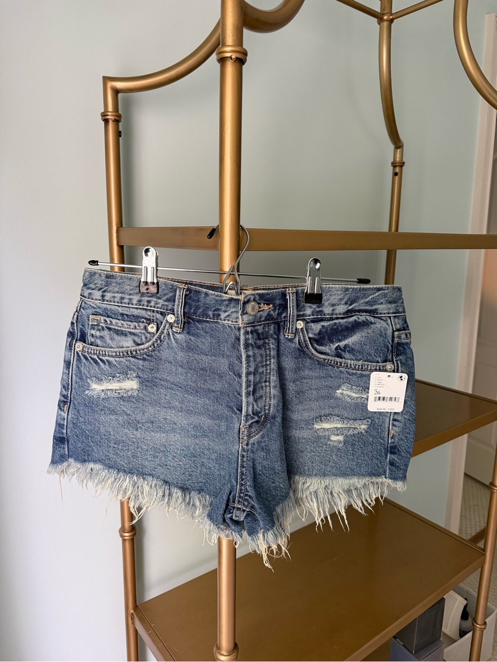 Free People Medium Wash Frayed Hem Denim Shorts